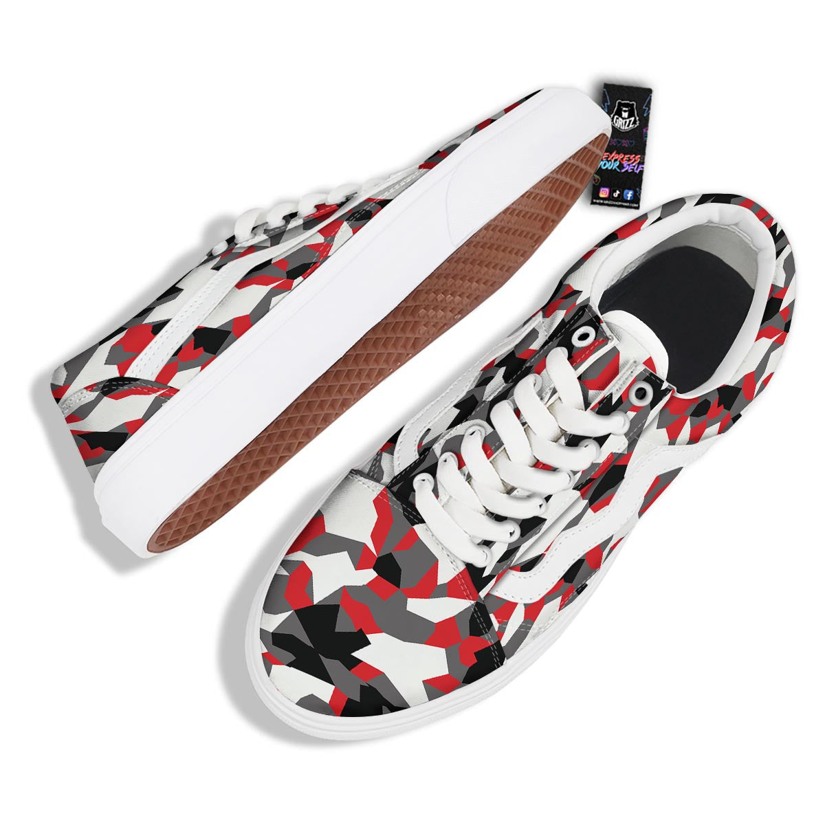 Digital Camo Grey And Red Print Pattern Skate Shoes-grizzshop