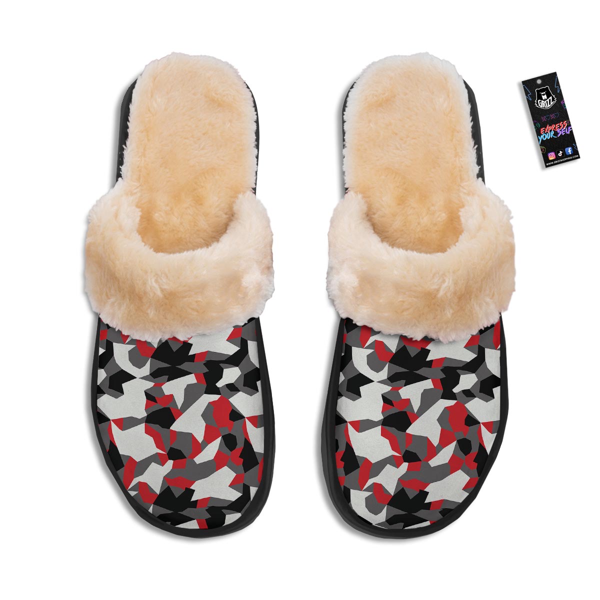 Digital Camo Grey And Red Print Pattern Slippers-grizzshop