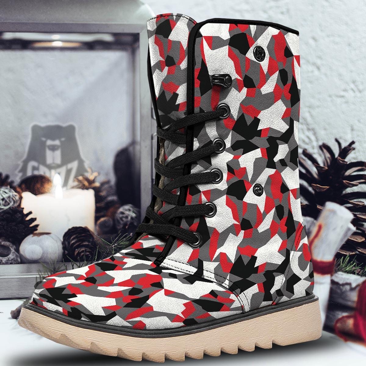 Digital Camo Grey And Red Print Pattern Snow Boots-grizzshop