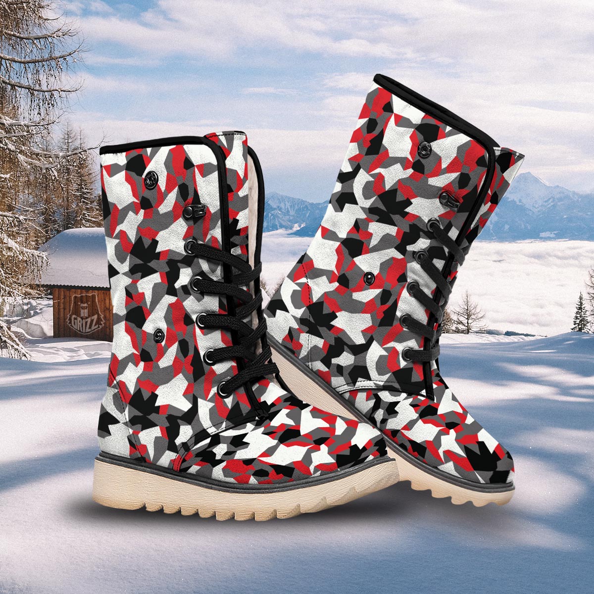Digital Camo Grey And Red Print Pattern Snow Boots-grizzshop