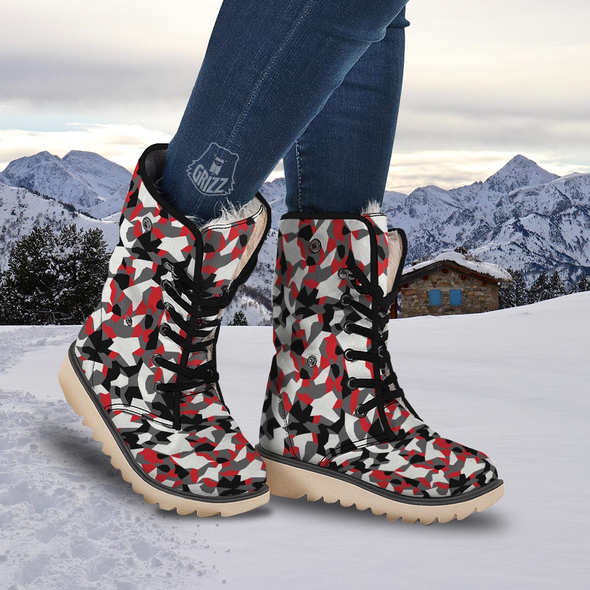 Digital Camo Grey And Red Print Pattern Snow Boots-grizzshop