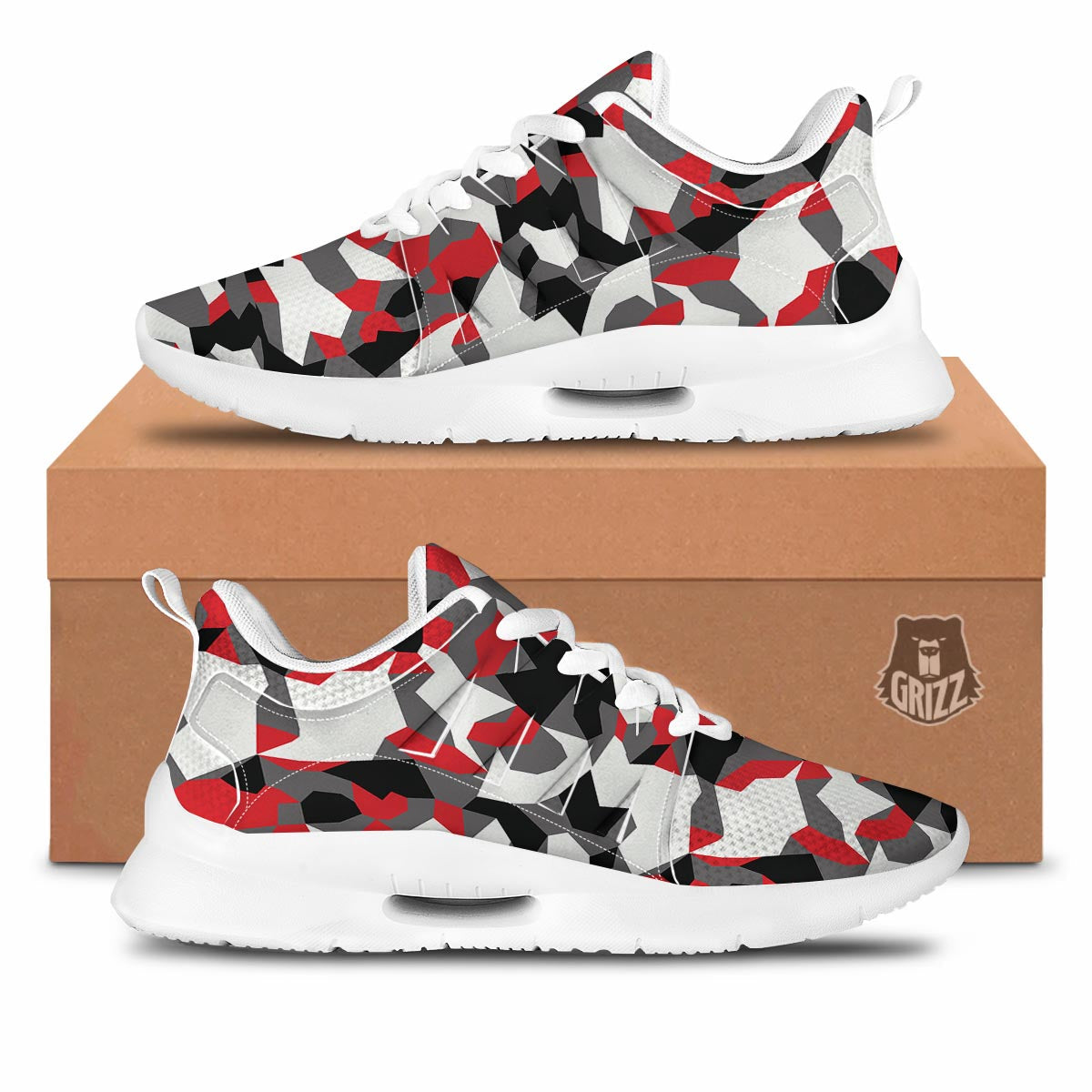 Digital Camo Grey And Red Print Pattern Tennis Shoes-grizzshop