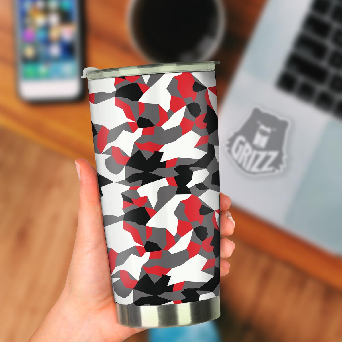 Digital Camo Grey And Red Print Pattern Tumbler-grizzshop