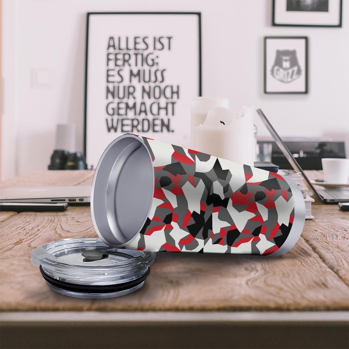 Digital Camo Grey And Red Print Pattern Tumbler-grizzshop