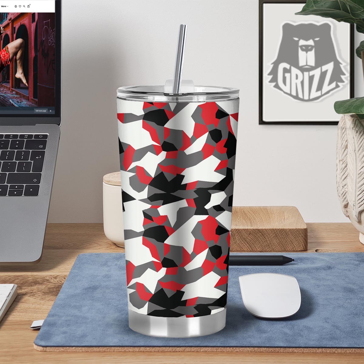 Digital Camo Grey And Red Print Pattern Tumbler-grizzshop