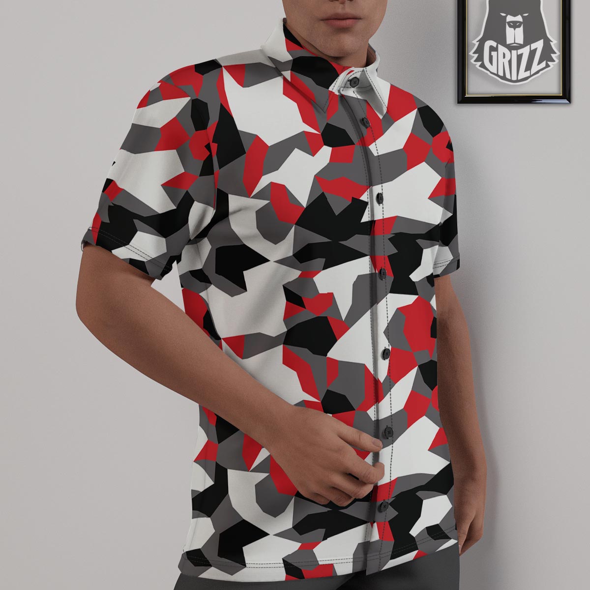 Digital Camo Grey And Red Print Pattern Untucked Shirts-grizzshop