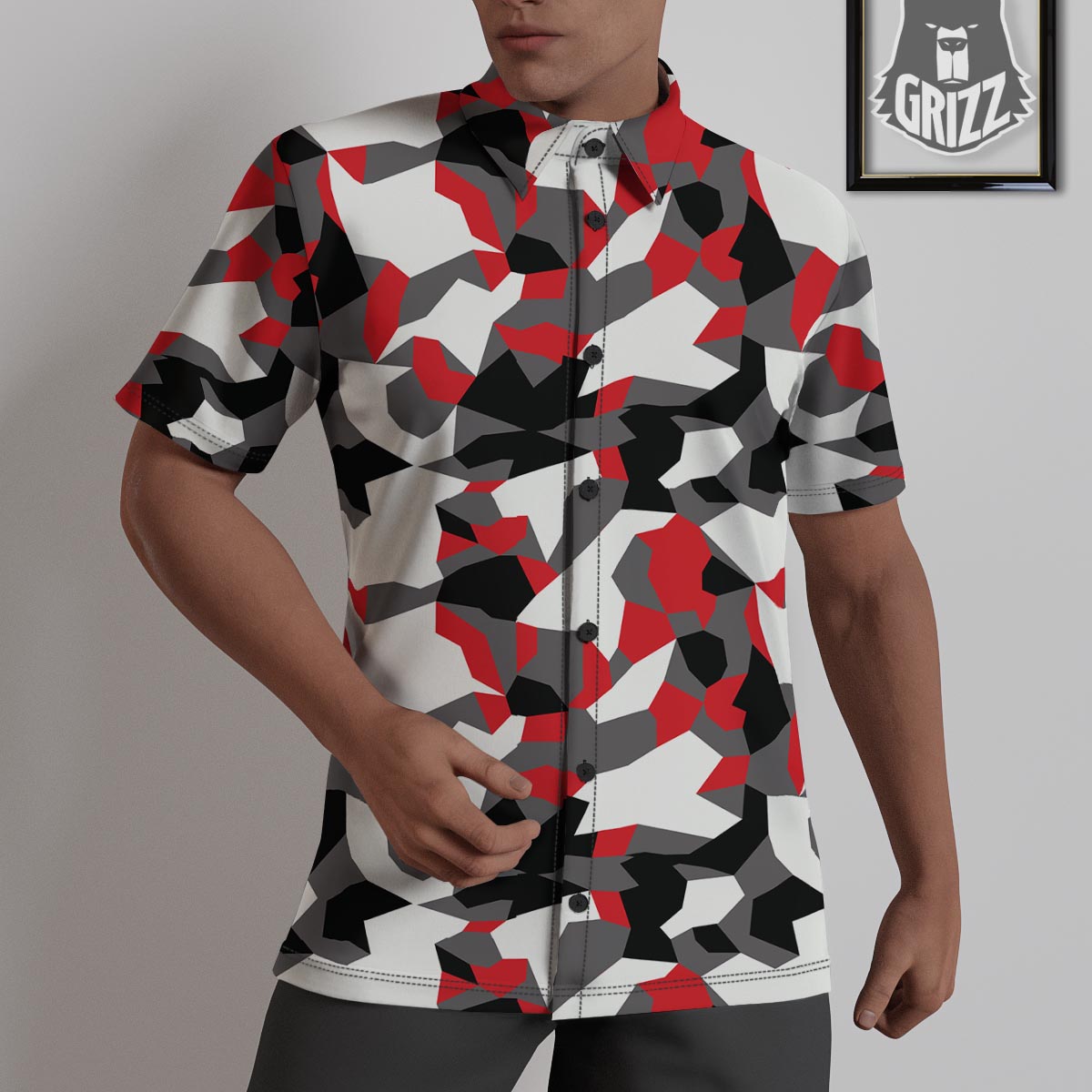 Digital Camo Grey And Red Print Pattern Untucked Shirts-grizzshop