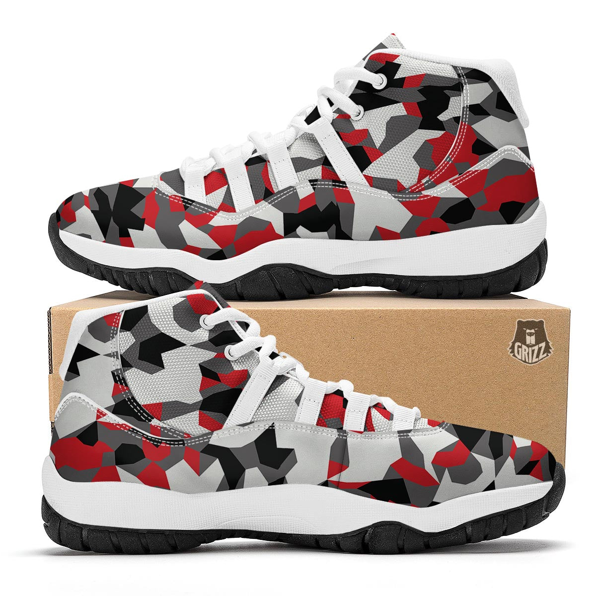 Digital Camo Grey And Red Print Pattern White Bball Shoes-grizzshop