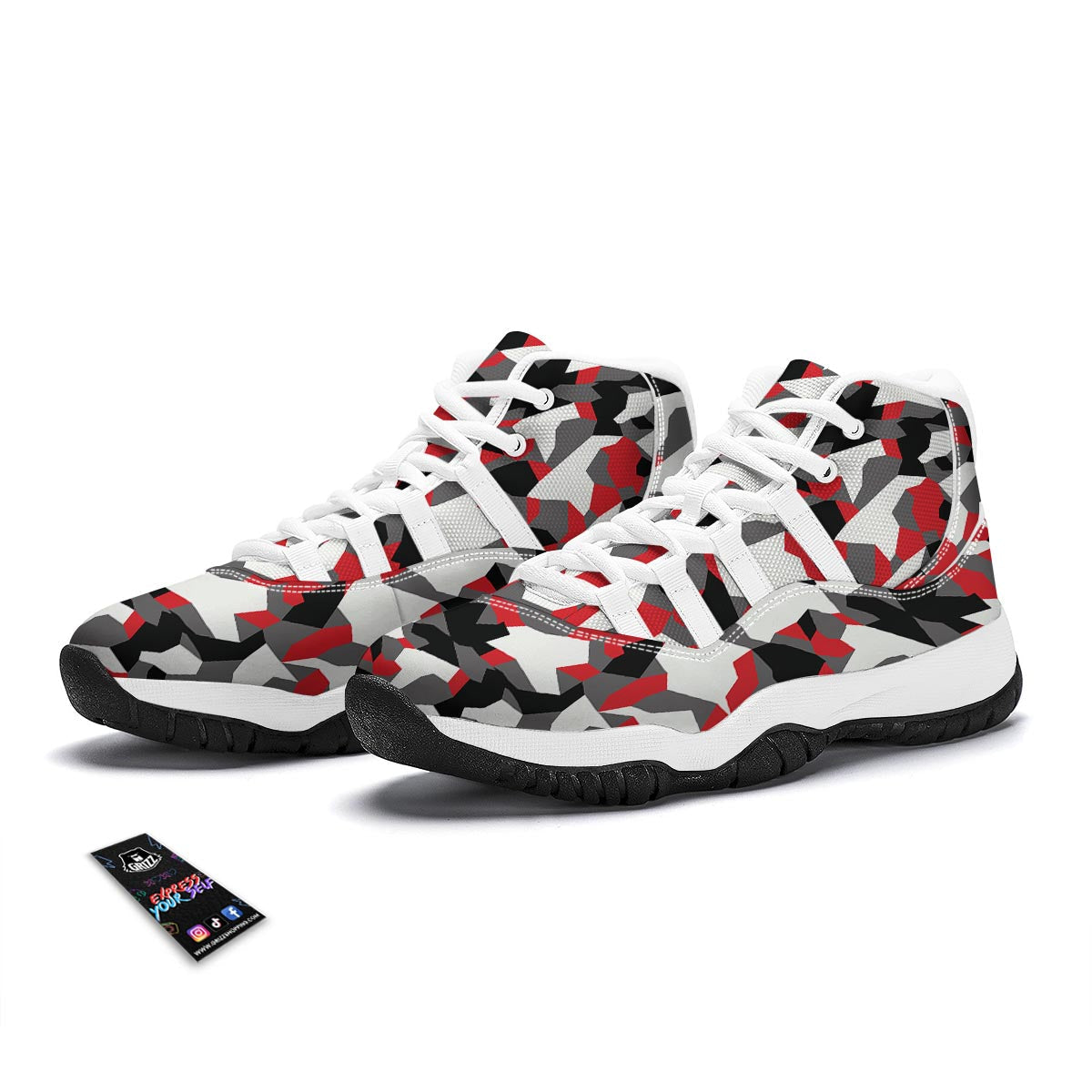 Digital Camo Grey And Red Print Pattern White Bball Shoes-grizzshop