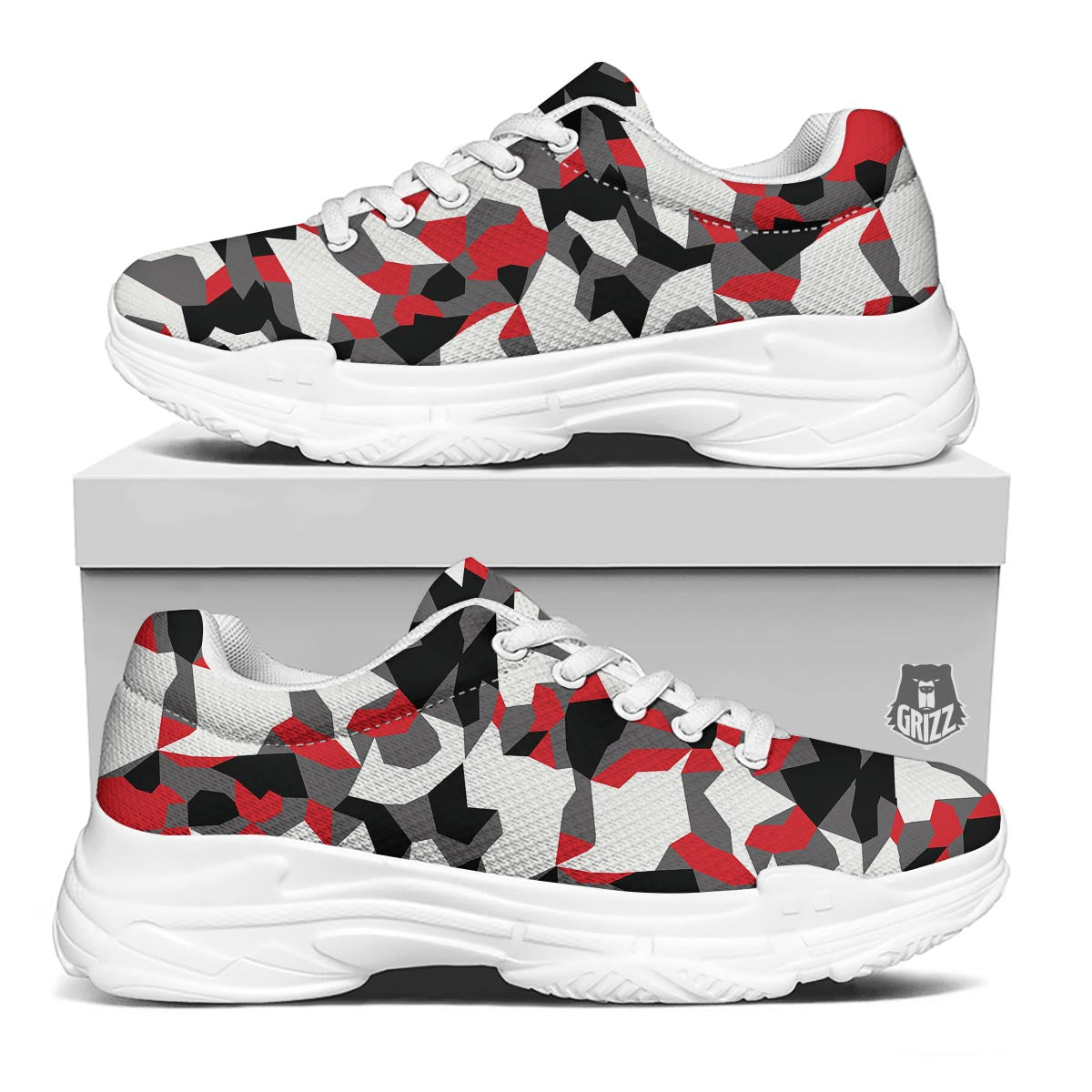 Digital Camo Grey And Red Print Pattern White Chunky Shoes-grizzshop