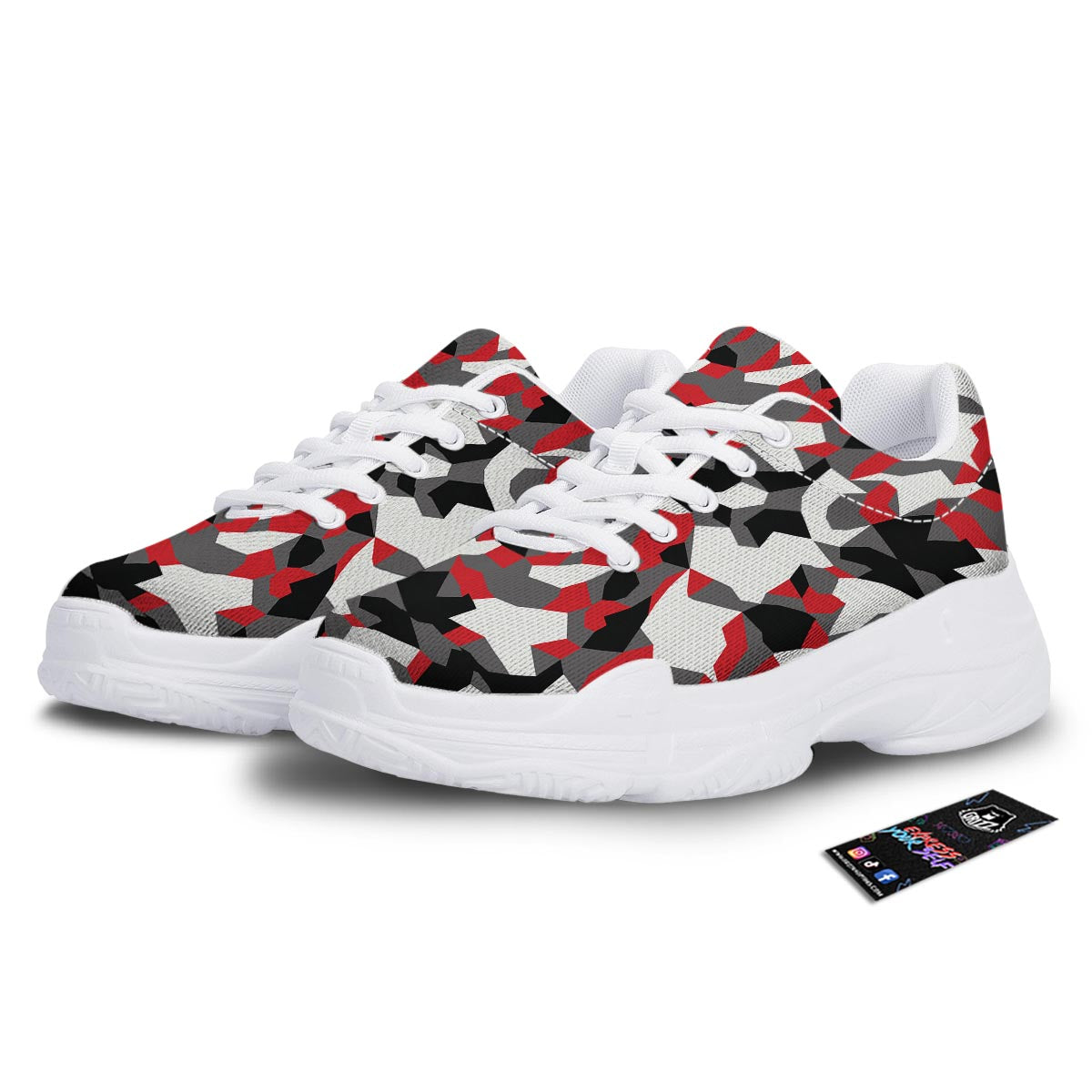 Digital Camo Grey And Red Print Pattern White Chunky Shoes-grizzshop