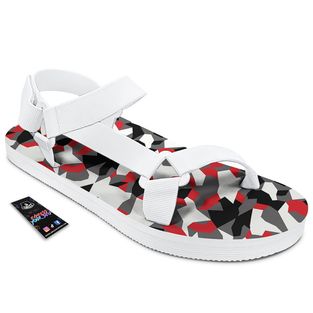 Digital Camo Grey And Red Print Pattern White Open Toe Sandals-grizzshop
