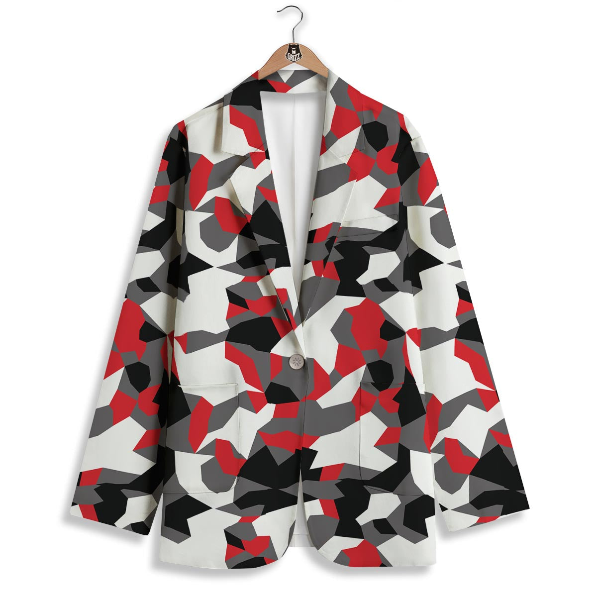 Digital Camo Grey And Red Print Pattern Women's Blazer-grizzshop