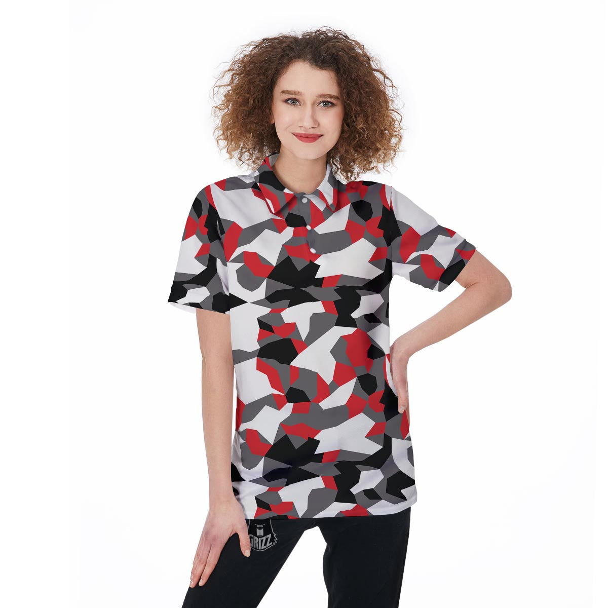 Digital Camo Grey And Red Print Pattern Women's Golf Shirts-grizzshop