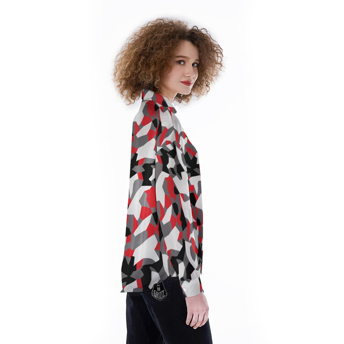 Digital Camo Grey And Red Print Pattern Women's Long Sleeve Shirts-grizzshop