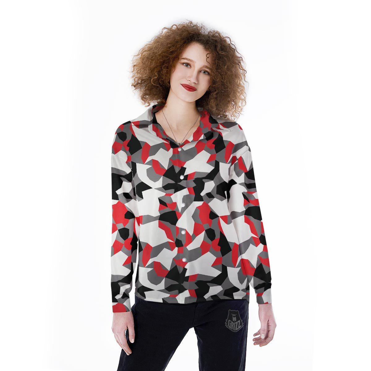 Digital Camo Grey And Red Print Pattern Women's Long Sleeve Shirts-grizzshop