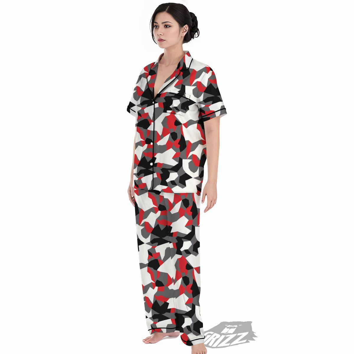 Digital Camo Grey And Red Print Pattern Women's Pajamas Set-grizzshop