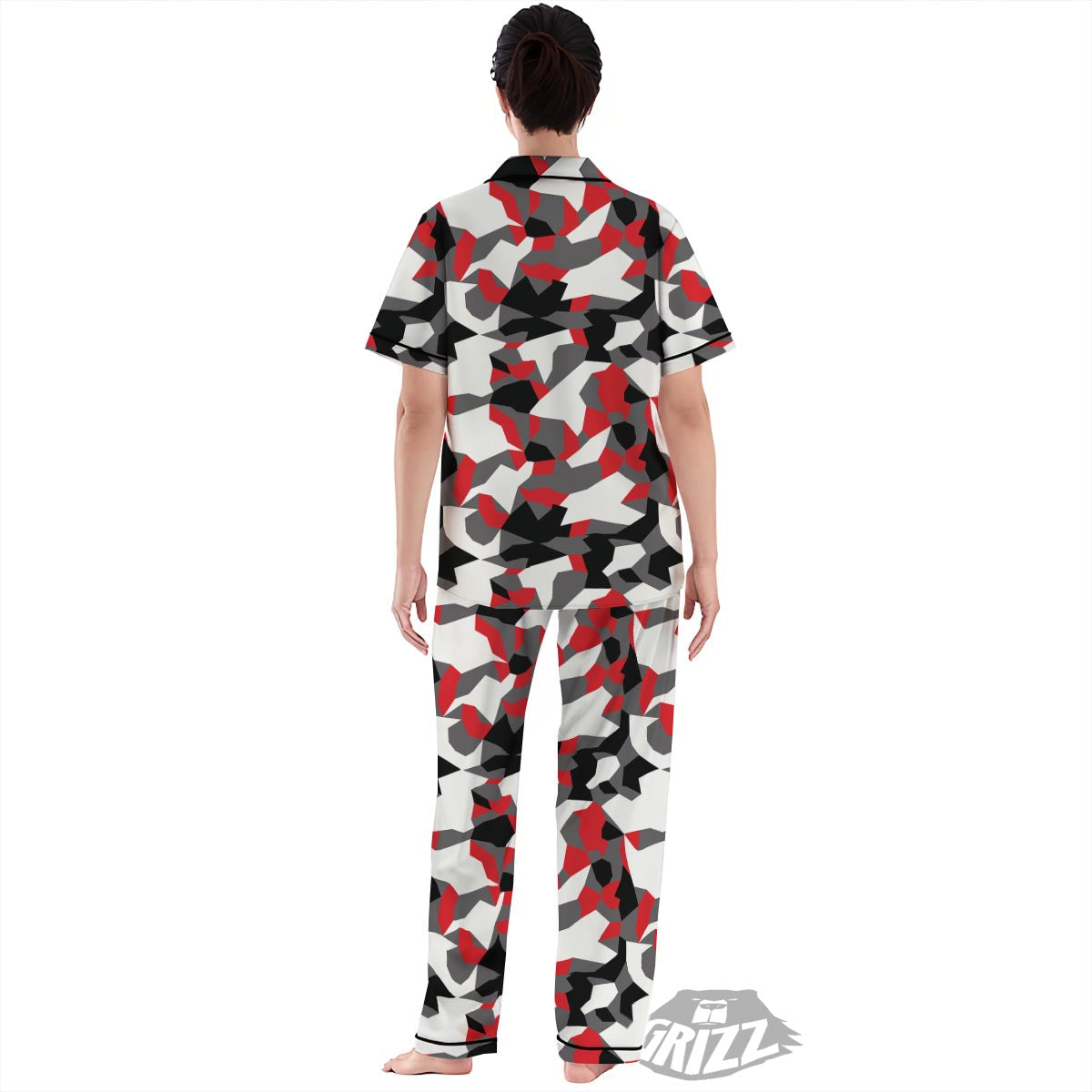 Digital Camo Grey And Red Print Pattern Women's Pajamas Set-grizzshop