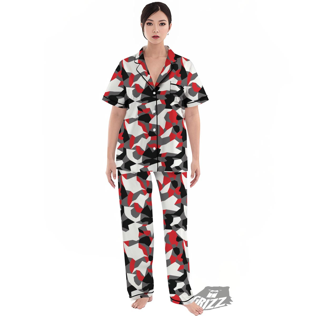Digital Camo Grey And Red Print Pattern Women's Pajamas Set-grizzshop
