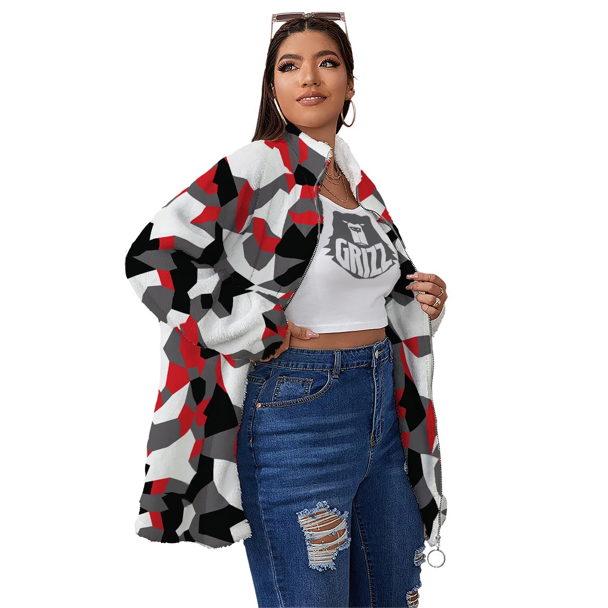 Digital Camo Grey And Red Print Pattern Women's Sherpa Jacket-grizzshop