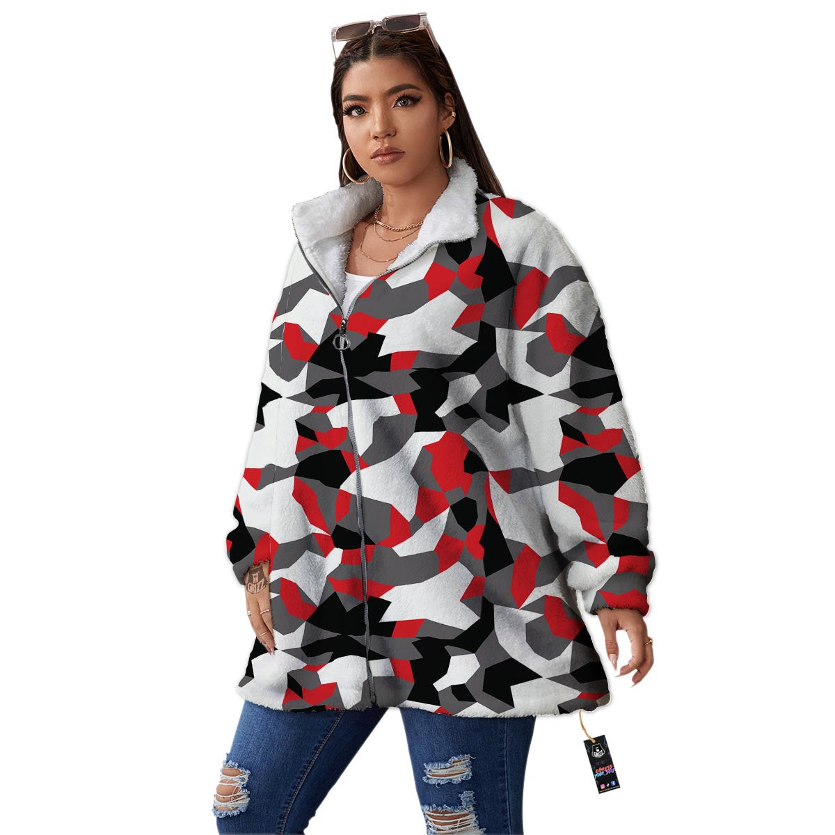 Digital Camo Grey And Red Print Pattern Women's Sherpa Jacket-grizzshop