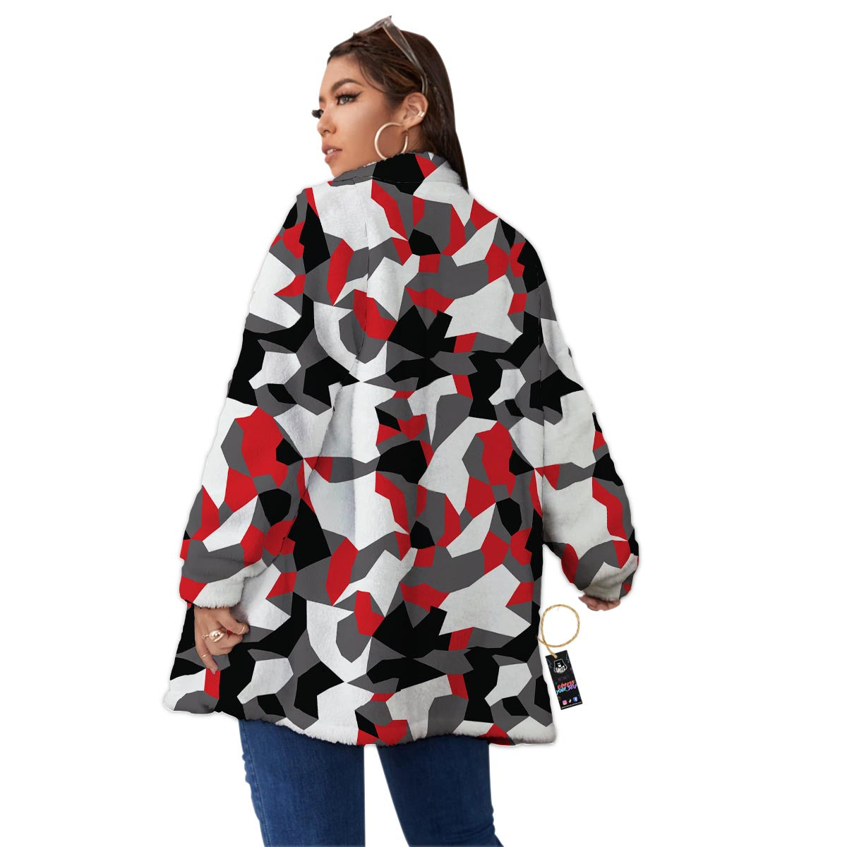 Digital Camo Grey And Red Print Pattern Women's Sherpa Jacket-grizzshop