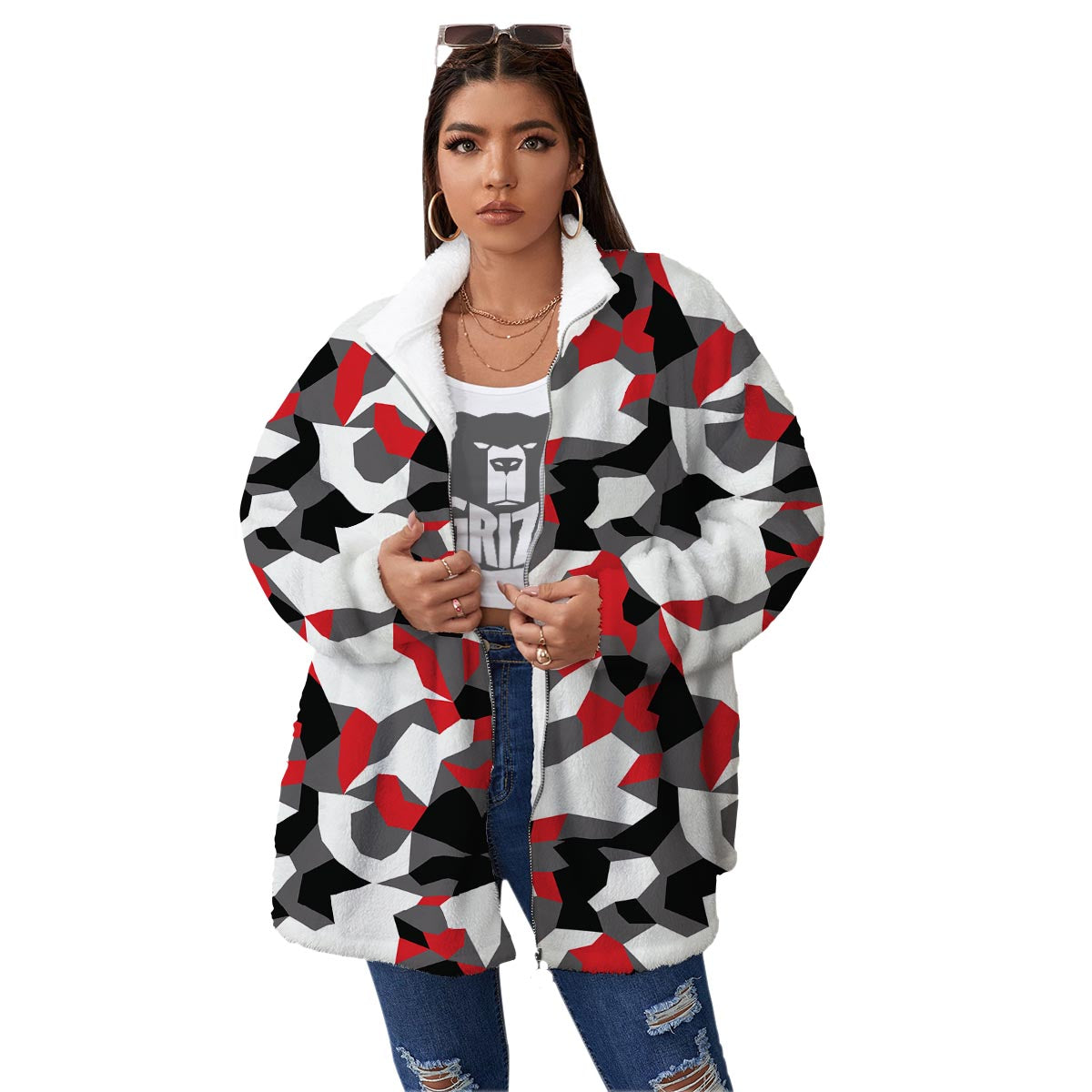 Digital Camo Grey And Red Print Pattern Women's Sherpa Jacket-grizzshop