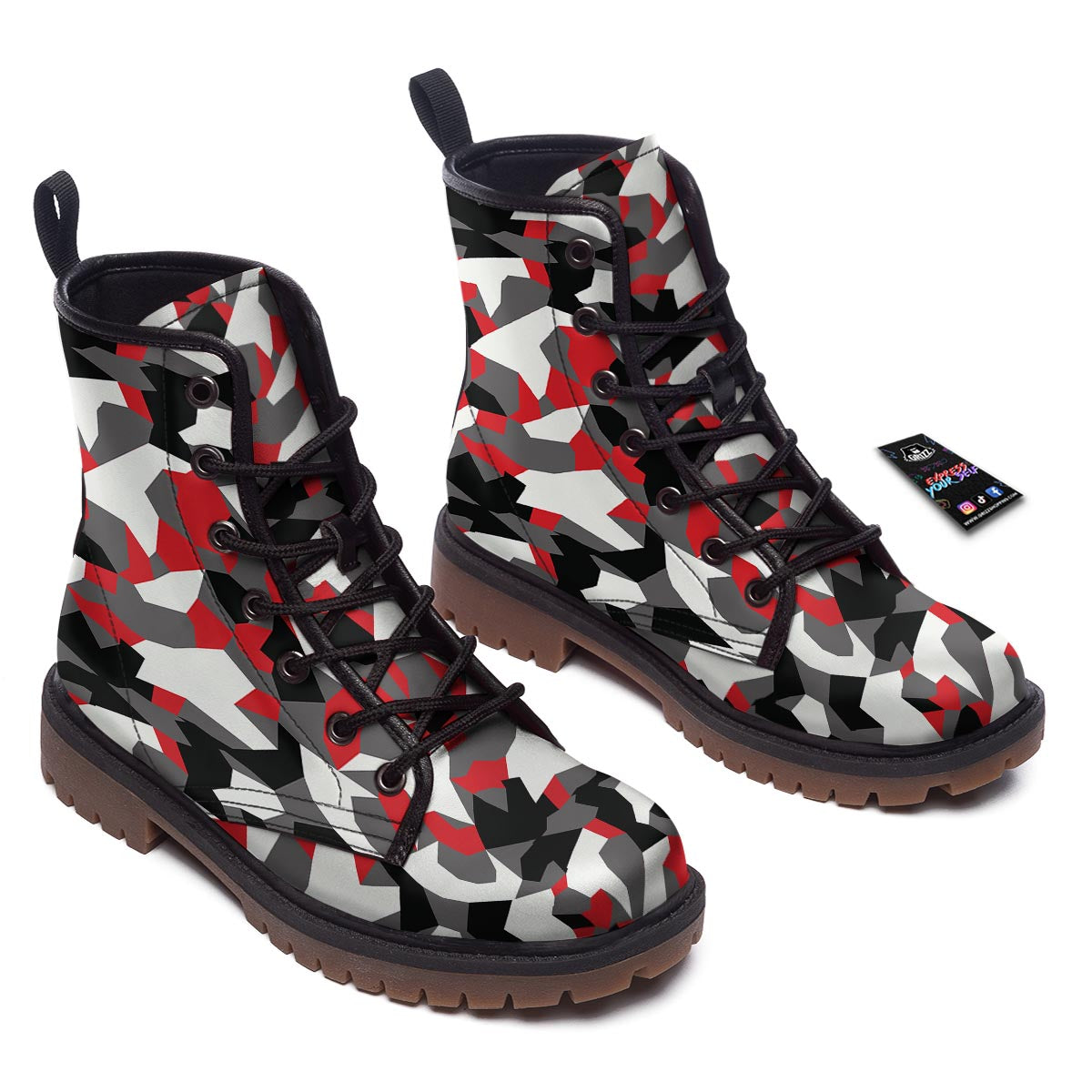 Digital Camo Grey And Red Print Pattern Work Boots-grizzshop