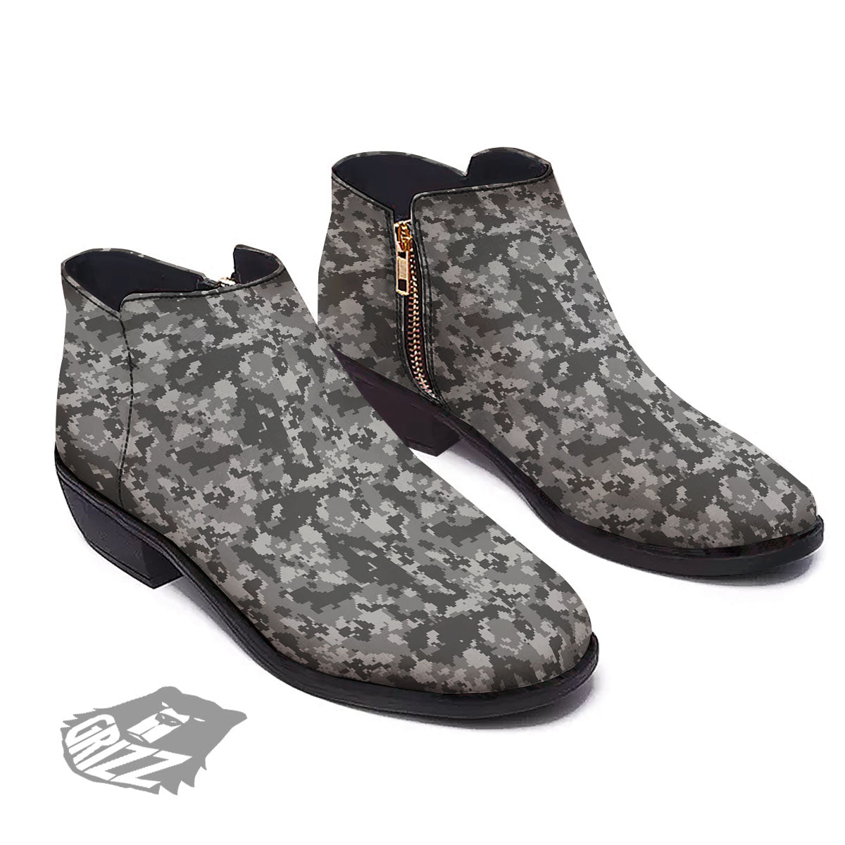 Digital Camo Grey Print Pattern Ankle Boots-grizzshop