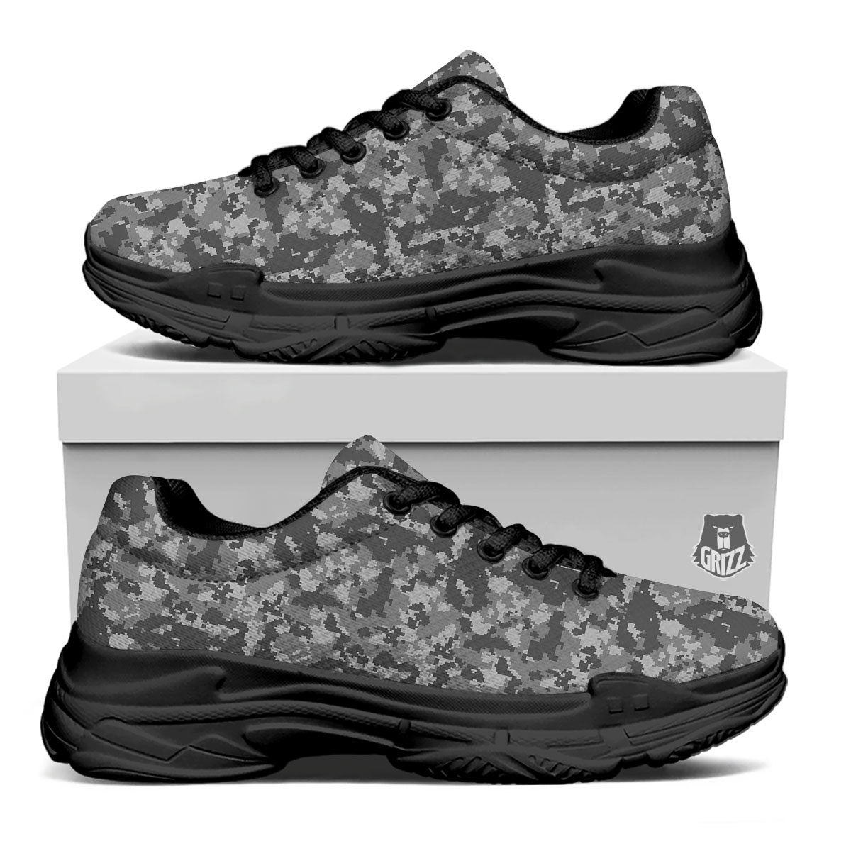 Digital Camo Grey Print Pattern Black Chunky Shoes-grizzshop