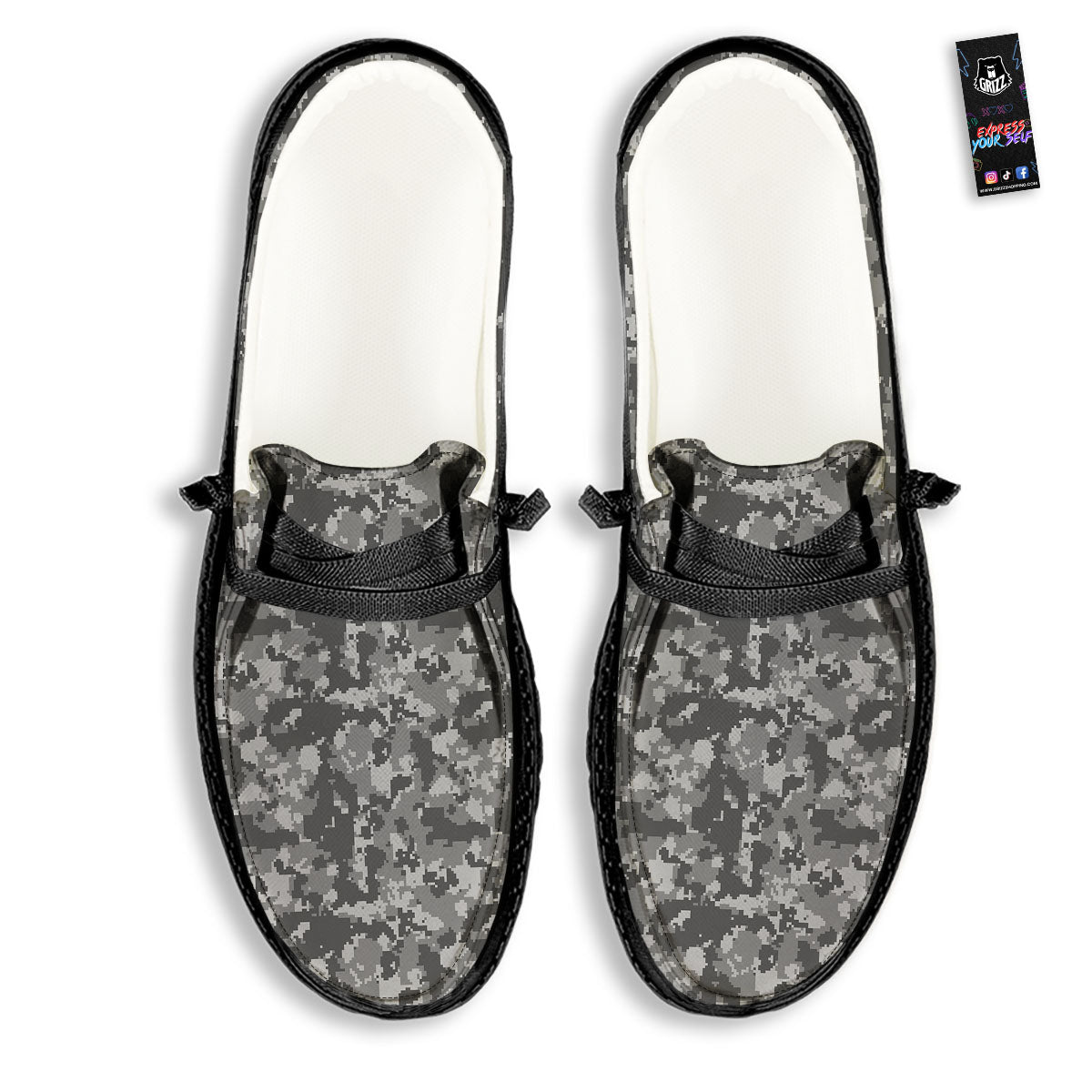 Digital Camo Grey Print Pattern Black Loafers-grizzshop