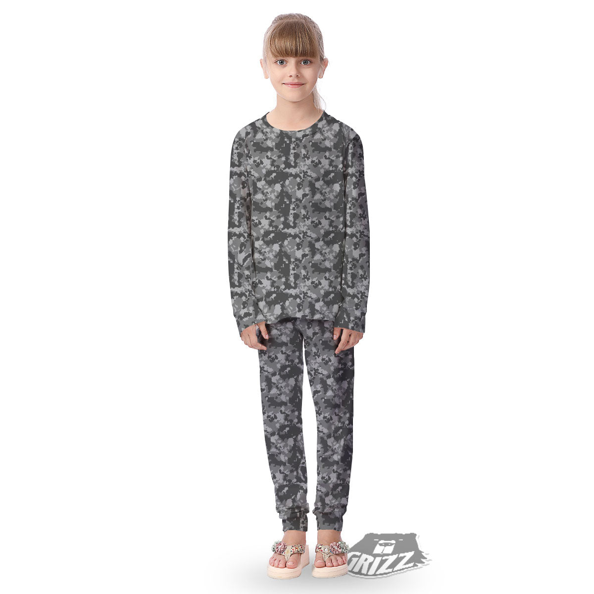Digital Camo Grey Print Pattern Kid's Pajamas-grizzshop