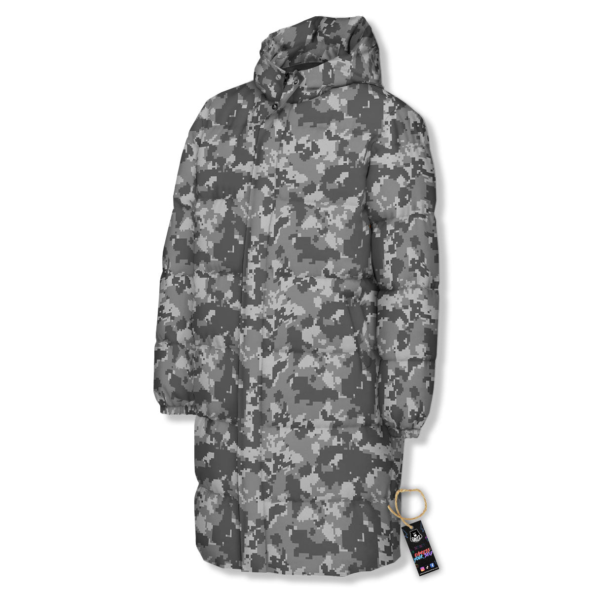 Digital Camo Grey Print Pattern Long Down Jacket-grizzshop