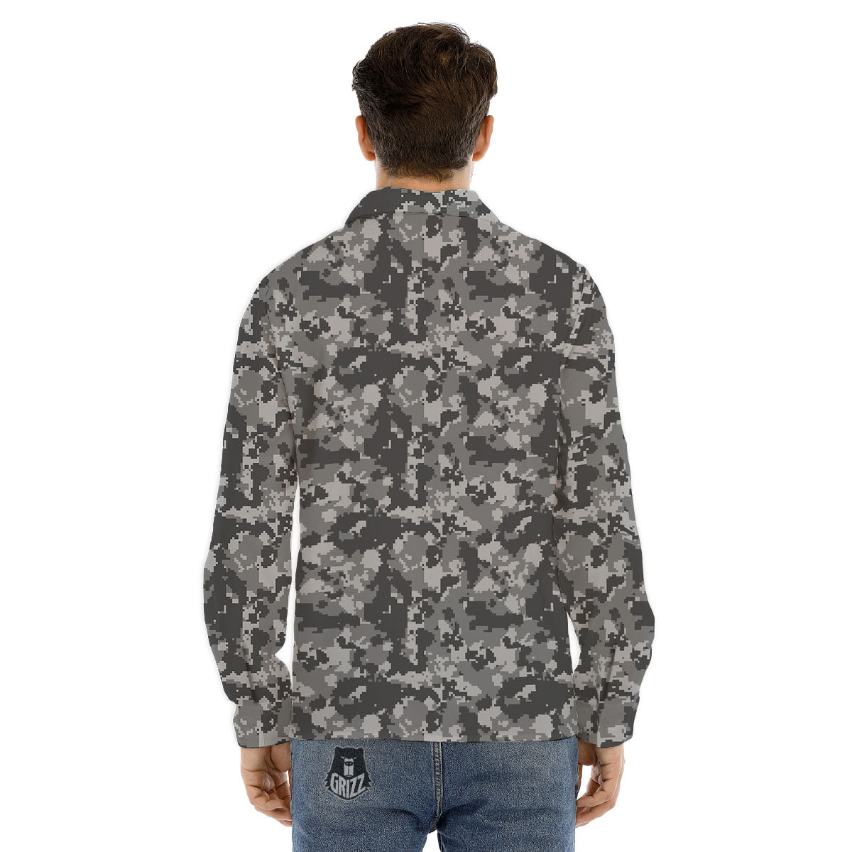 Digital Camo Grey Print Pattern Men's Dress Shirts-grizzshop
