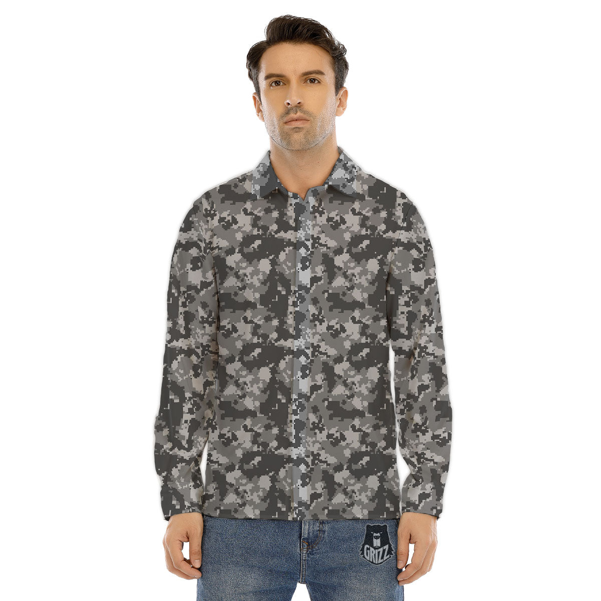Digital Camo Grey Print Pattern Men's Dress Shirts-grizzshop