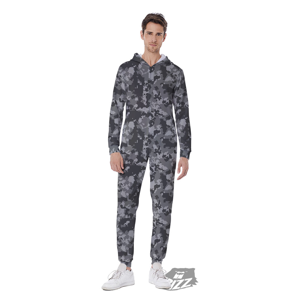 Digital Camo Grey Print Pattern Men's Jumpsuit-grizzshop