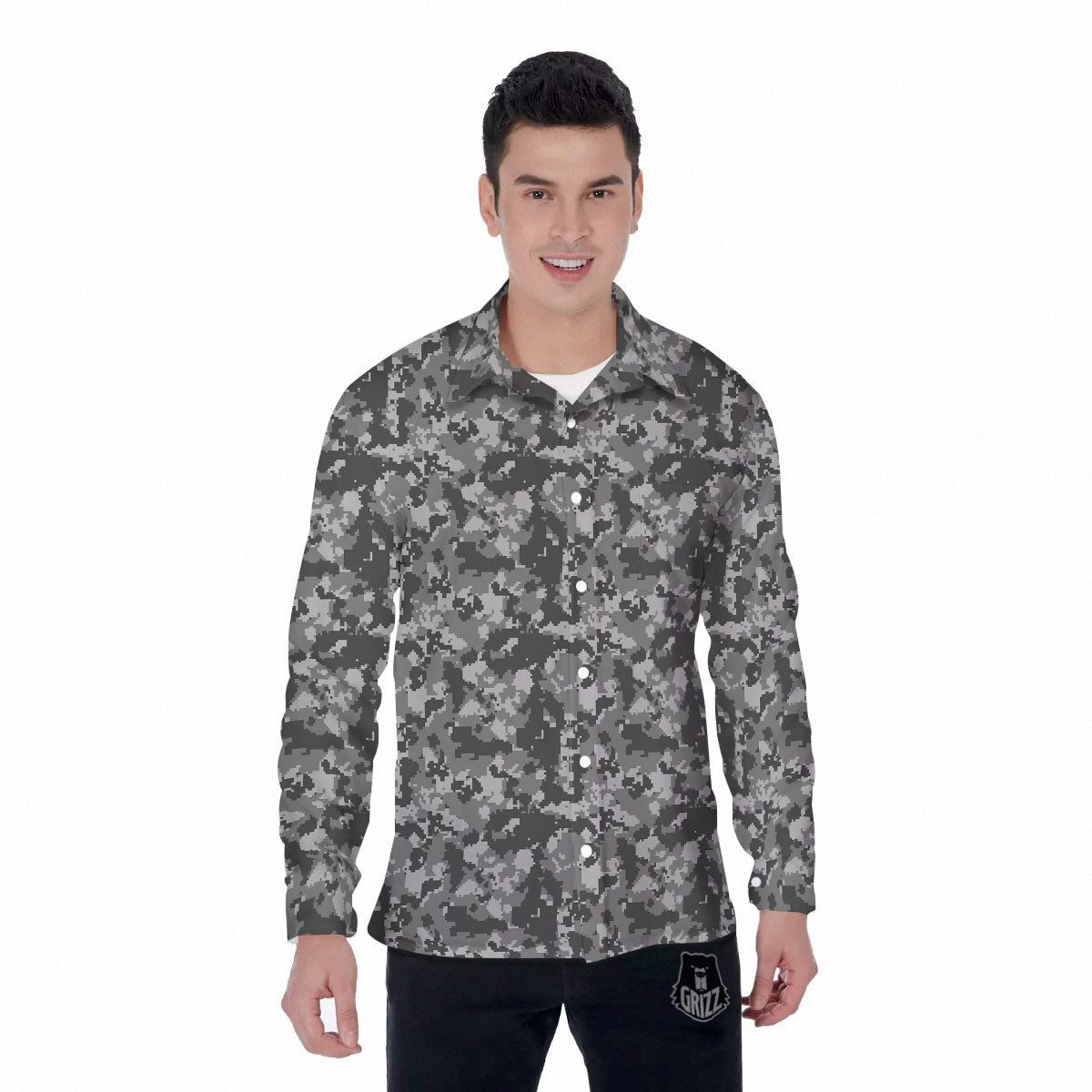 Digital Camo Grey Print Pattern Men's Long Sleeve Shirts-grizzshop