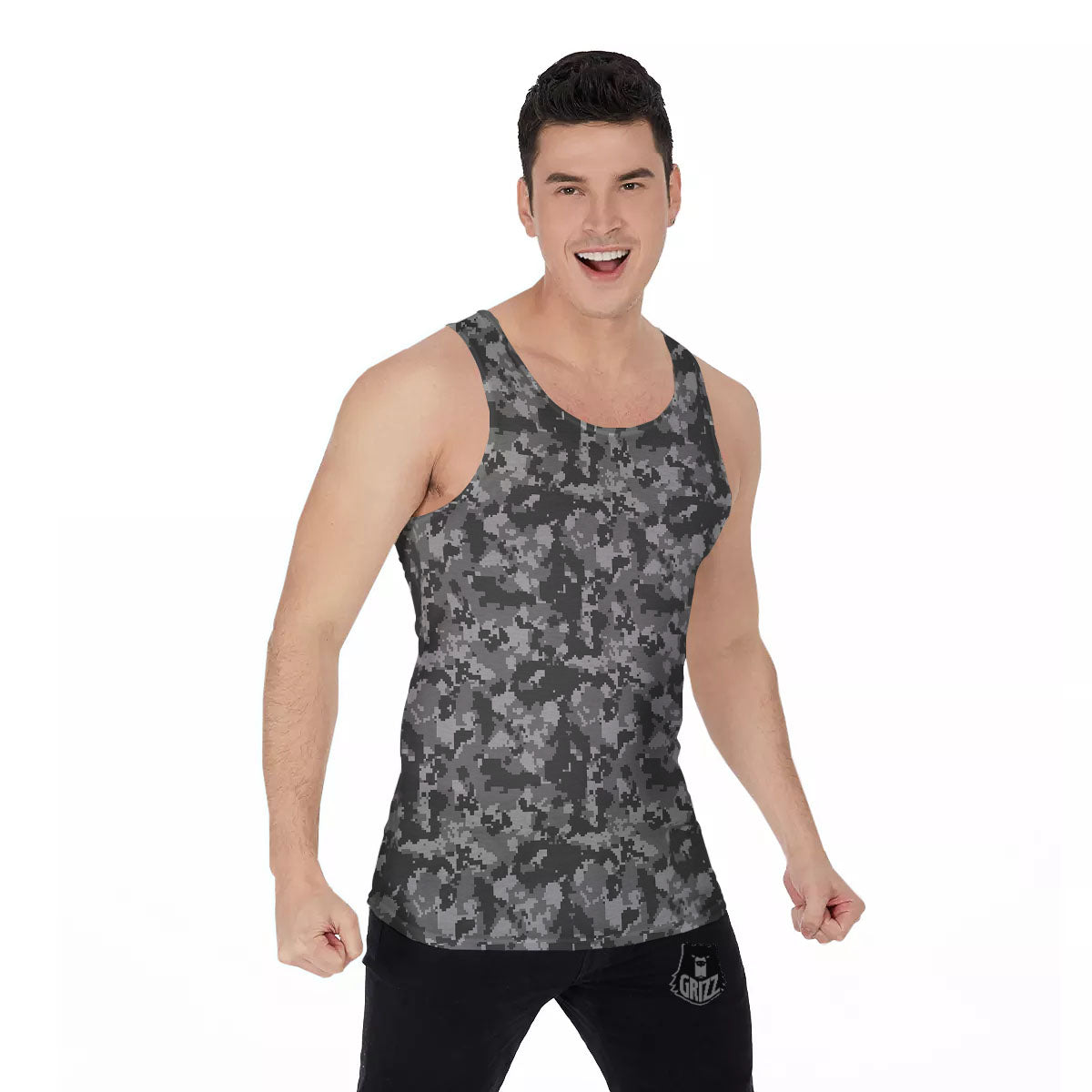 Digital Camo Grey Print Pattern Men's Tank Top-grizzshop