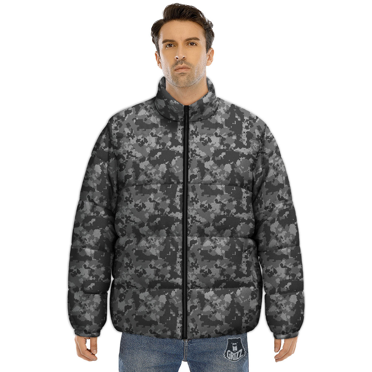 Digital Camo Grey Print Pattern Puffer Jacket-grizzshop