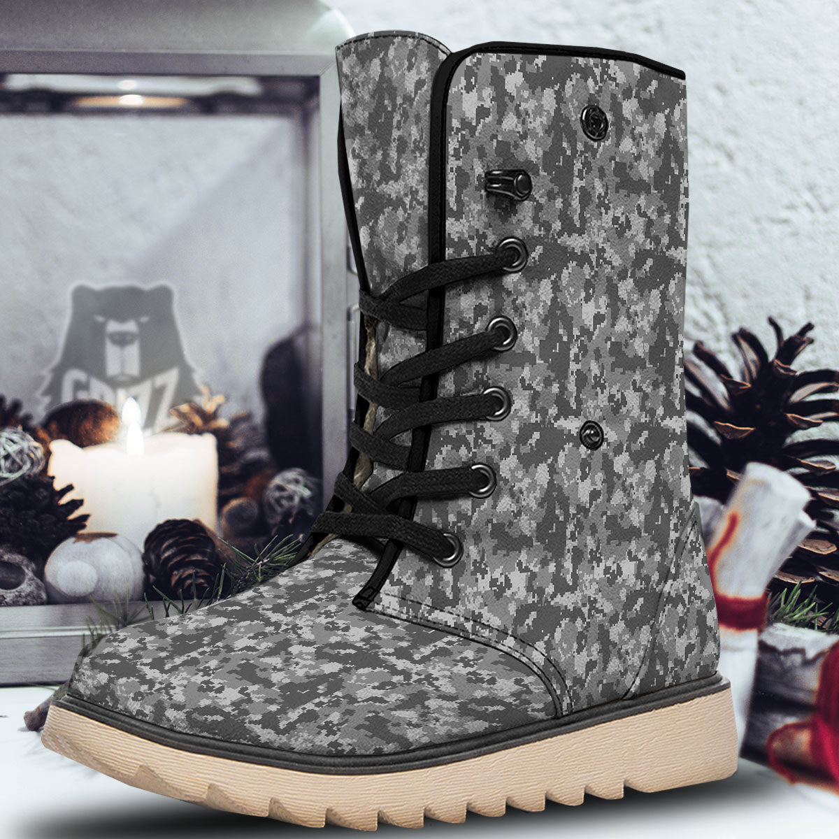 Digital Camo Grey Print Pattern Snow Boots-grizzshop