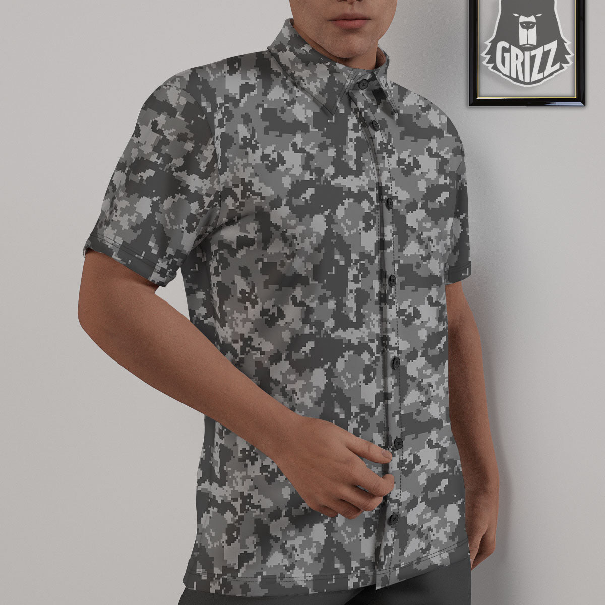 Digital Camo Grey Print Pattern Untucked Shirts-grizzshop