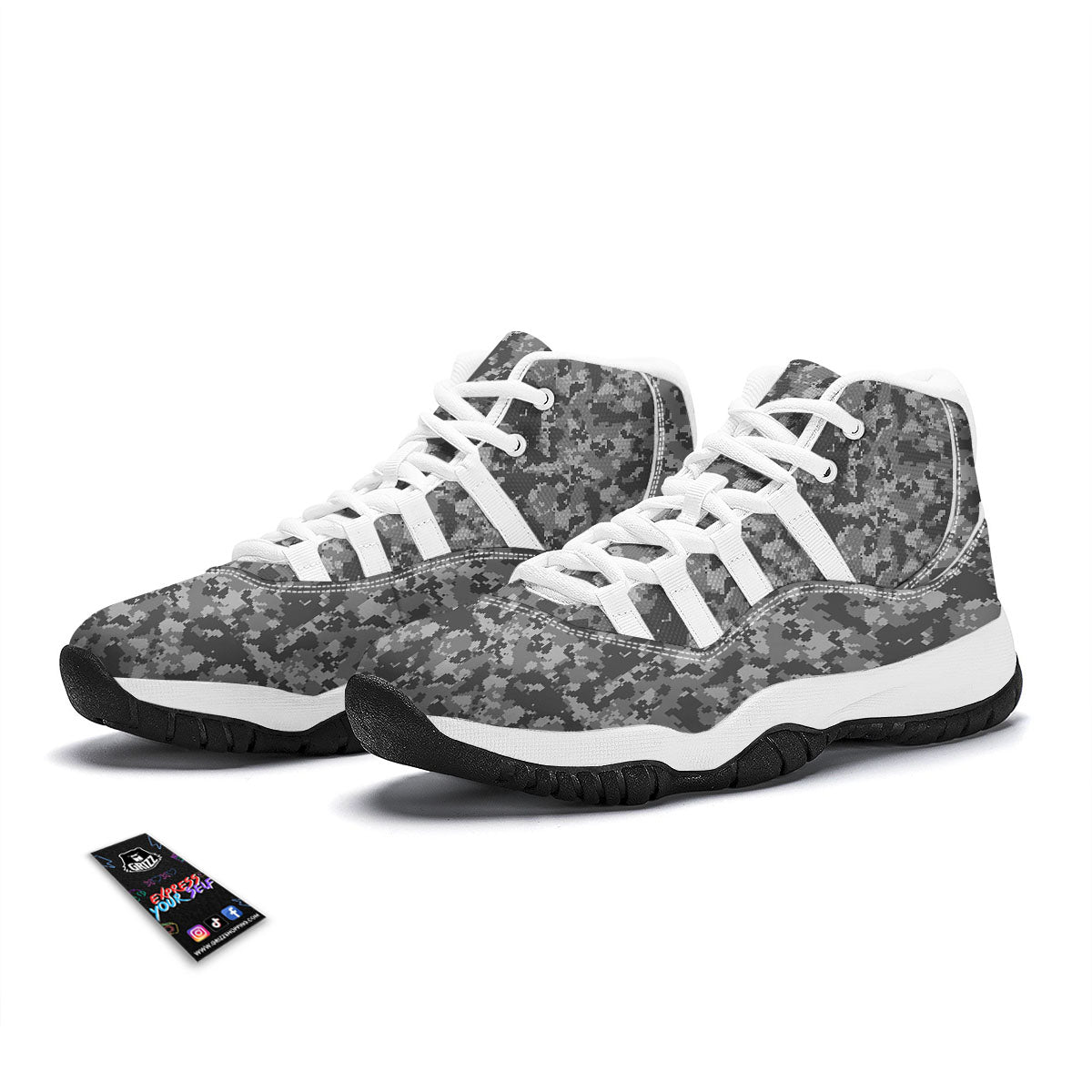Digital Camo Grey Print Pattern White Bball Shoes-grizzshop