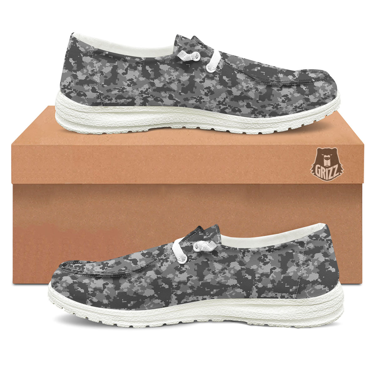 Digital Camo Grey Print Pattern White Loafers-grizzshop