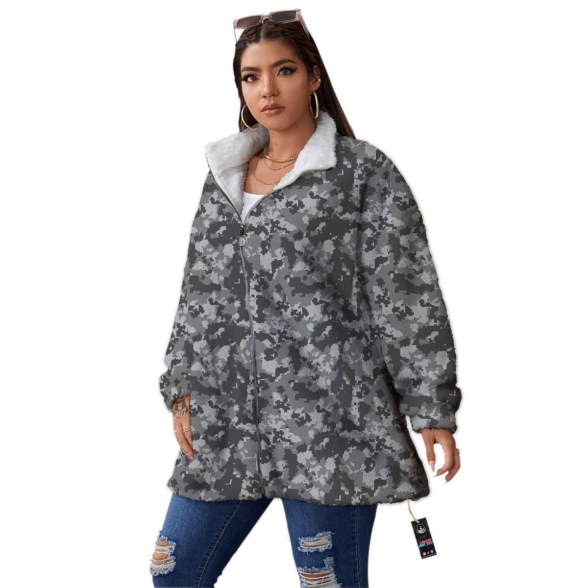 Digital Camo Grey Print Pattern Women's Sherpa Jacket-grizzshop