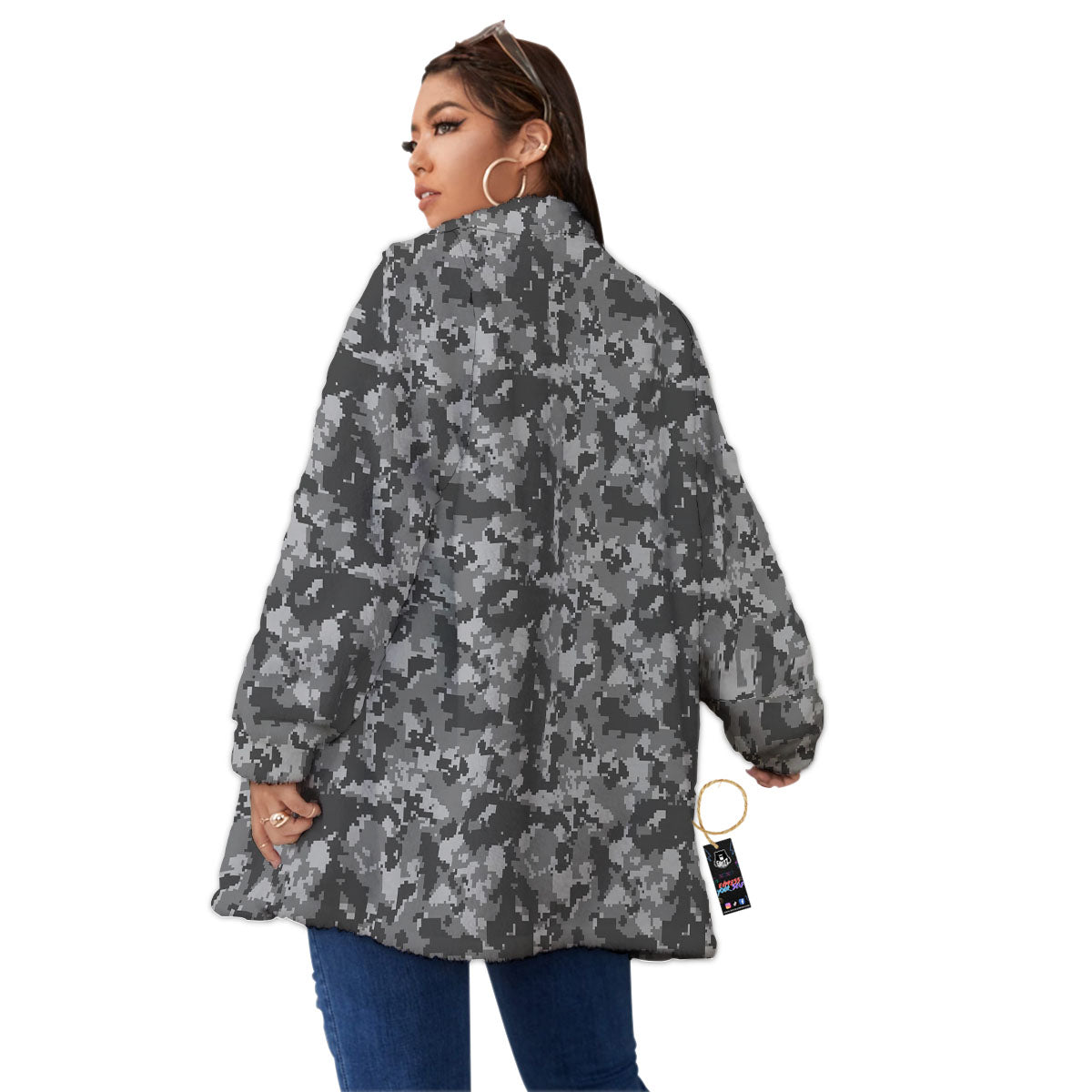 Digital Camo Grey Print Pattern Women's Sherpa Jacket-grizzshop
