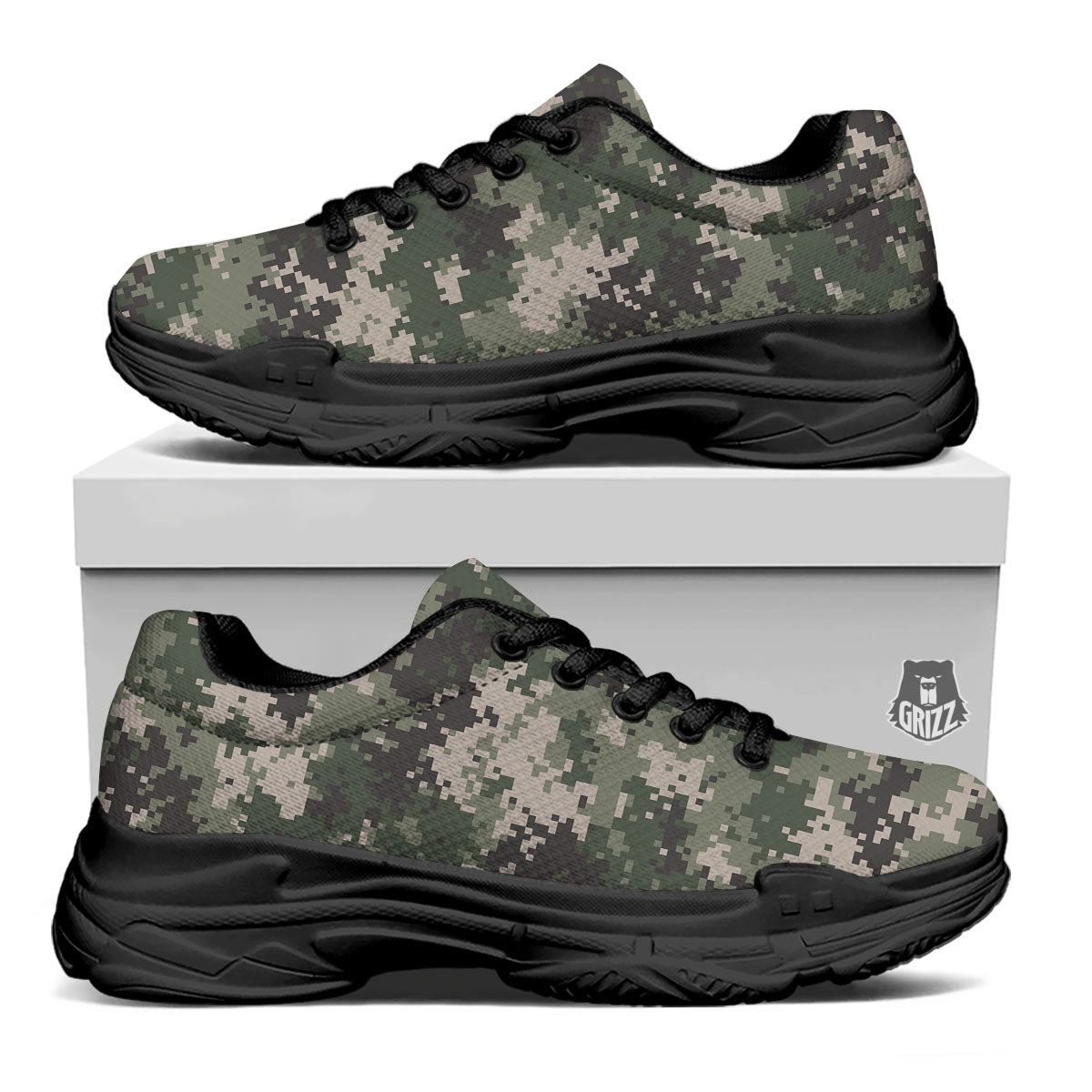 Digital Camo Military Print Pattern Black Chunky Shoes-grizzshop