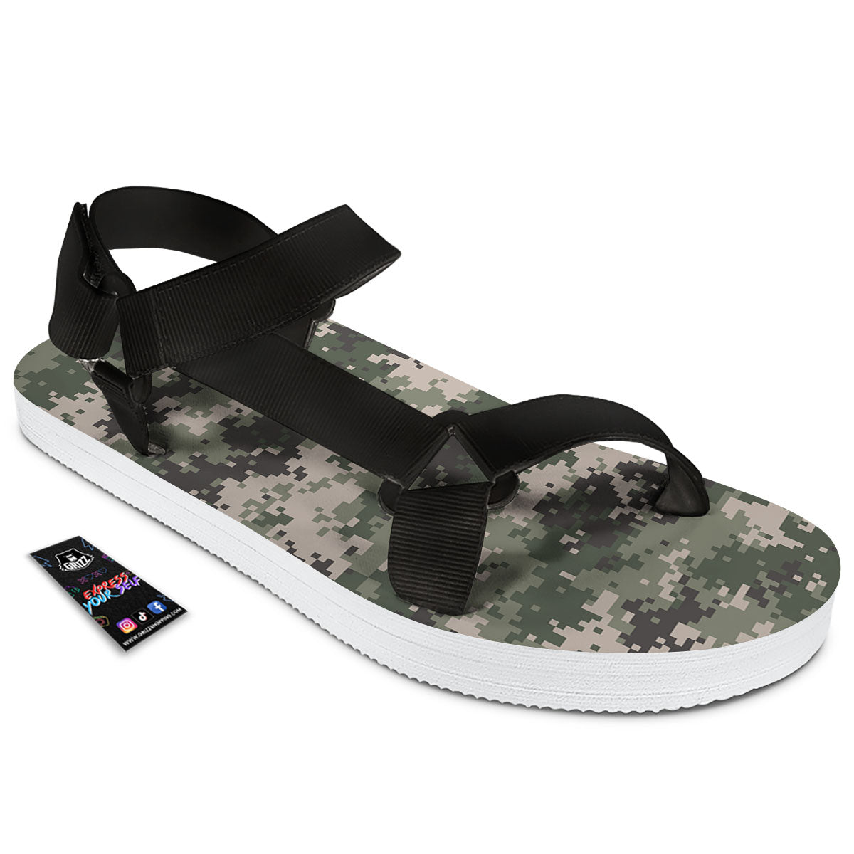 Digital Camo Military Print Pattern Black Open Toe Sandals-grizzshop