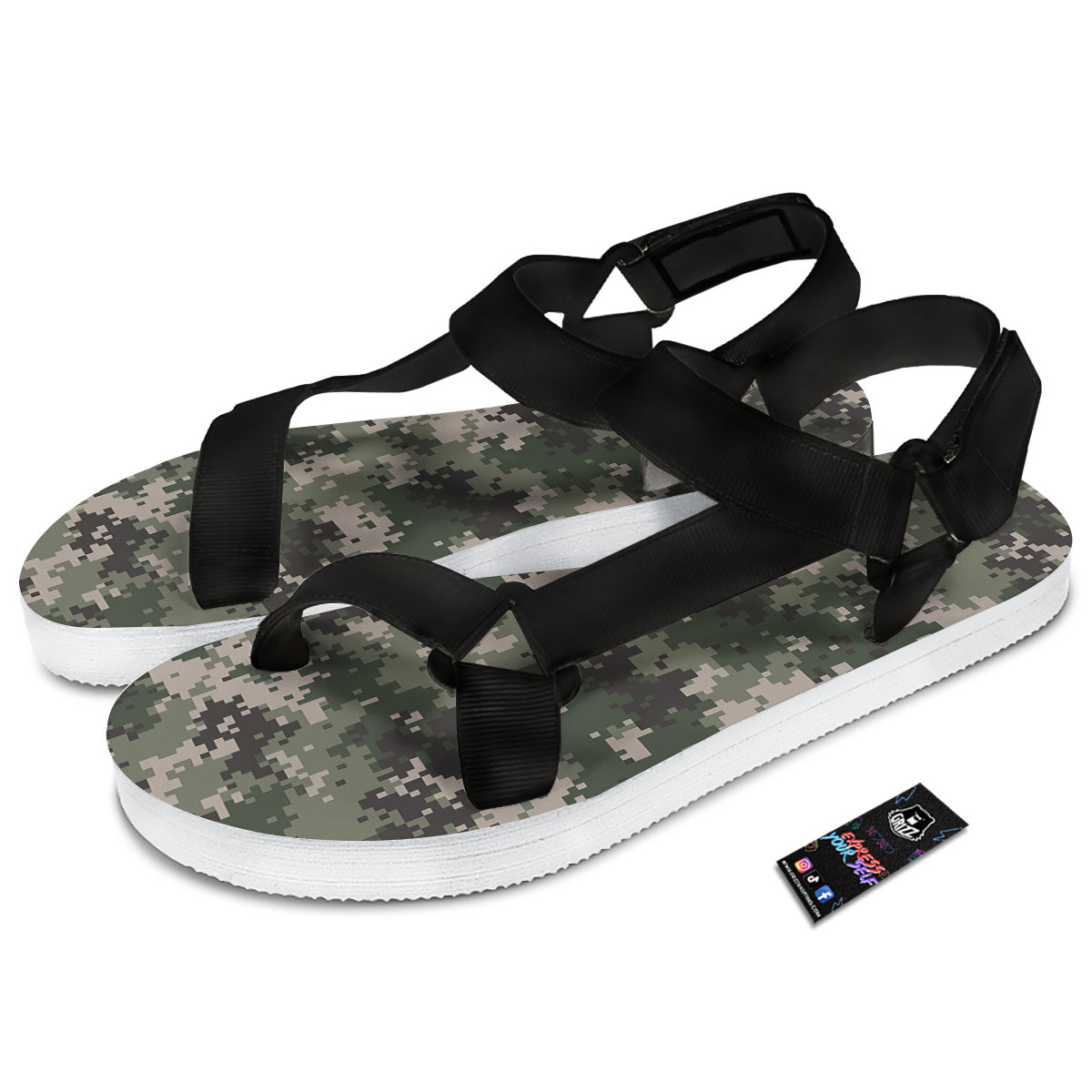 Digital Camo Military Print Pattern Black Open Toe Sandals-grizzshop
