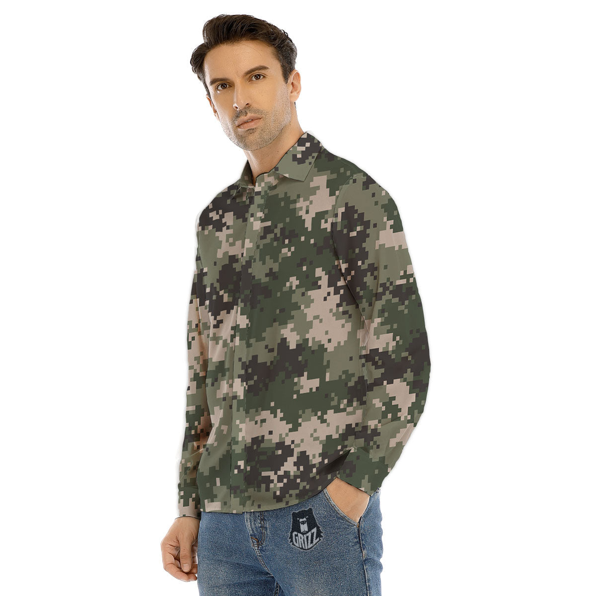 Digital Camo Military Print Pattern Men's Dress Shirts-grizzshop
