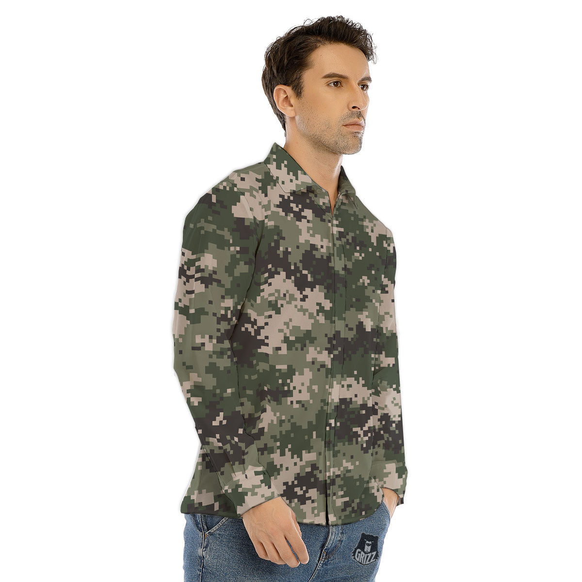 Digital Camo Military Print Pattern Men's Dress Shirts-grizzshop